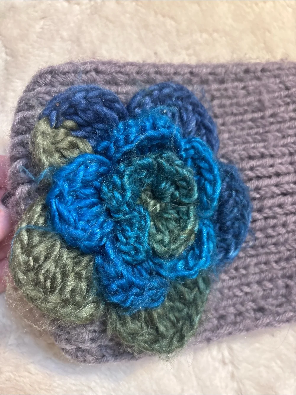 Gray Knit Headband Ear Warmer Earmuff with Blue Green Crochet Flower 3D Accent